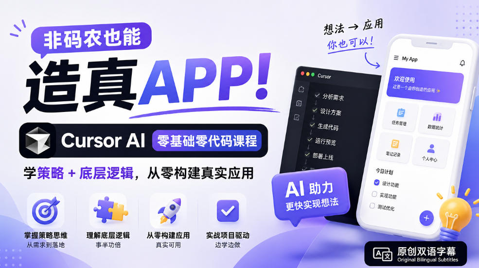 非码农也能造真APP！Cursor AI零基础零代码课程：学策略+底层逻辑，从零构建真实应用【原创双语字幕】-来聚吧