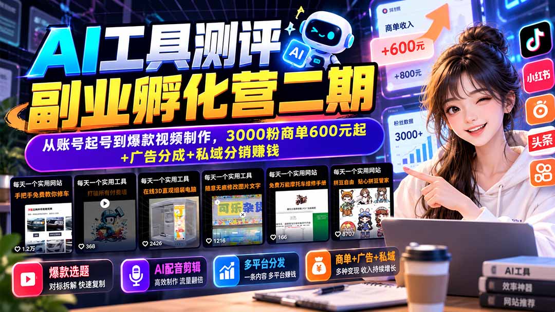 AI工具测评副业孵化营二期:从账号起号到爆款视频制作,3000粉商单600元起+广告分成+私域分销赚钱-来聚吧