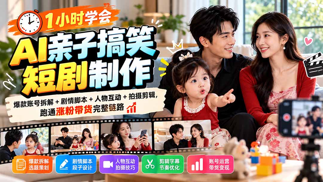 1小时学会AI亲子搞笑短剧制作：爆款账号拆解+剧情脚本+人物互动+拍摄剪辑，跑通涨粉带货完整链路-来聚吧