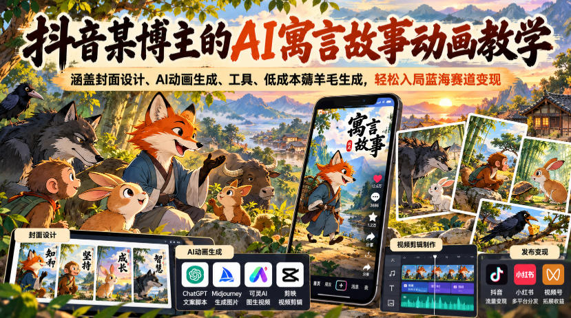 抖音某博主的AI寓言故事动画教学，涵盖封面设计、AI动画生成、工具、低成本薅羊毛生成，轻松入局蓝海赛道变现-来聚吧