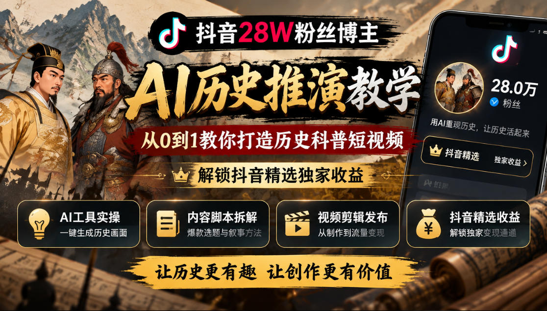 抖音28W粉丝博主的AI历史推演教学,从0到1教你打造历史科普短视频,解锁抖音精选独家收益-来聚吧