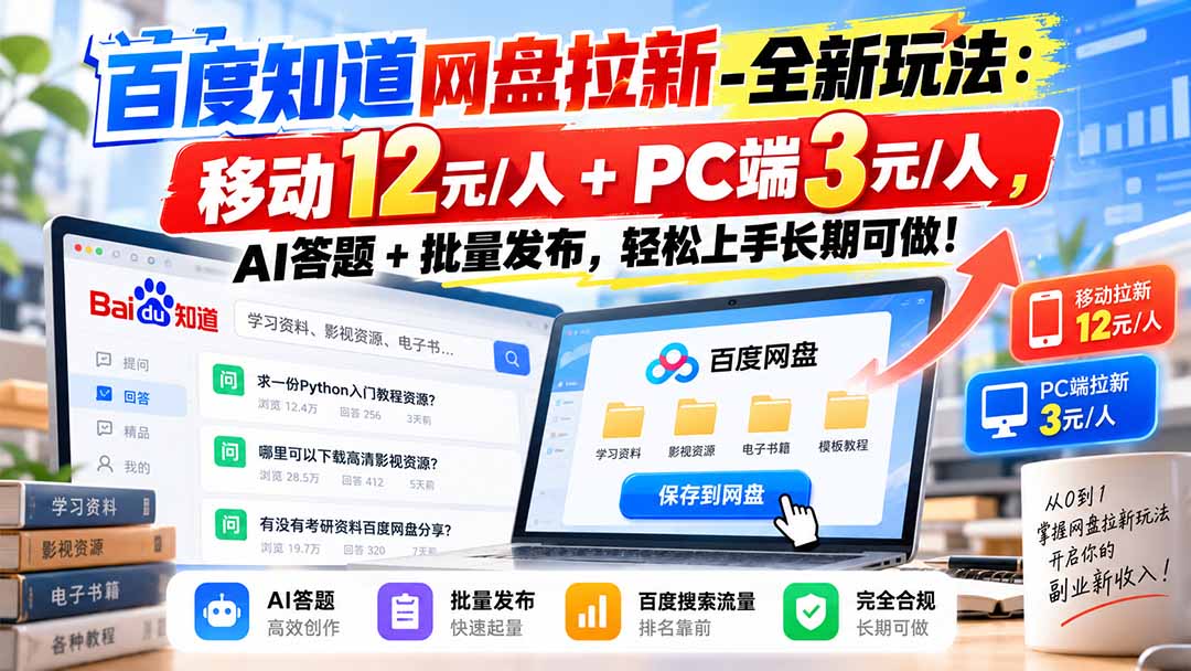 百度知道网盘拉新-全新玩法:移动12元/人+PC端3元/人,AI答题+批量发布,轻松上手长期可做!-来聚吧