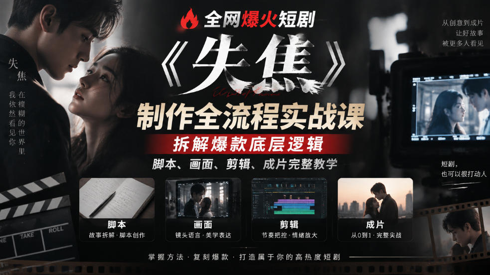 全网爆火短剧《失焦》制作全流程实战课｜拆解爆款底层逻辑，脚本、画面、剪辑、成片完整教学-来聚吧