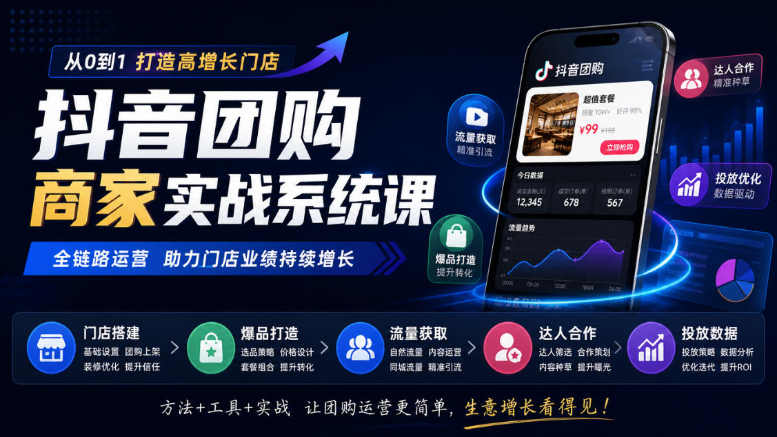 抖音团购商家实战系统课|门店搭建、爆品打造、流量获取、达人合作、投放数据全链路运营-来聚吧