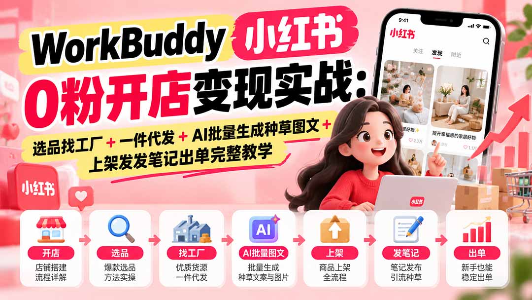 WorkBuddy小红书0粉开店变现实战：选品找工厂+一件代发+AI批量生成种草图文+上架发发笔记出单完整教学-来聚吧