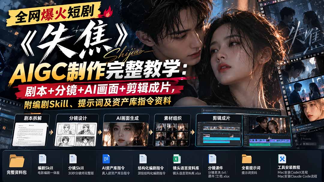 全网爆火短剧《失焦》AIGC制作完整教学:剧本+分镜+AI画面+剪辑成片,附编剧Skill、提示词及资产库指令资料-来聚吧