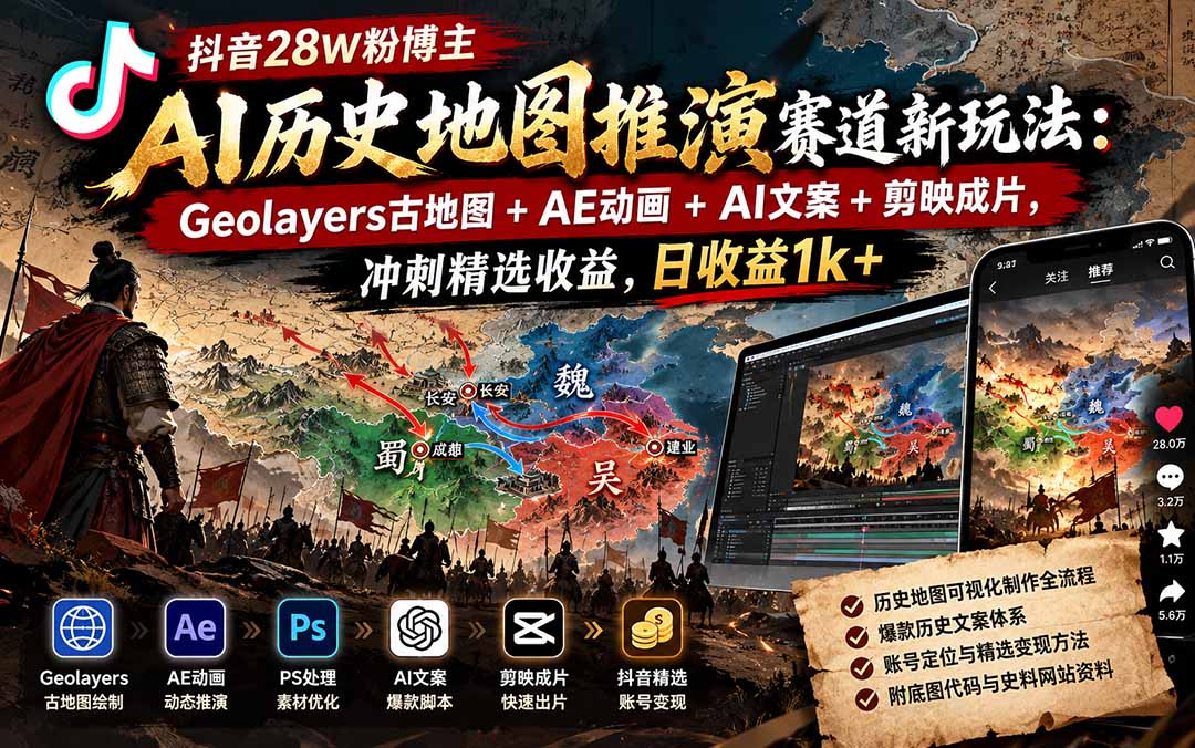 抖音28W粉博主AI历史地图推演赛道新玩法:Geolayers古地图+AE动画+AI文案+剪映成片,冲刺精选收益,日收益1k+-来聚吧