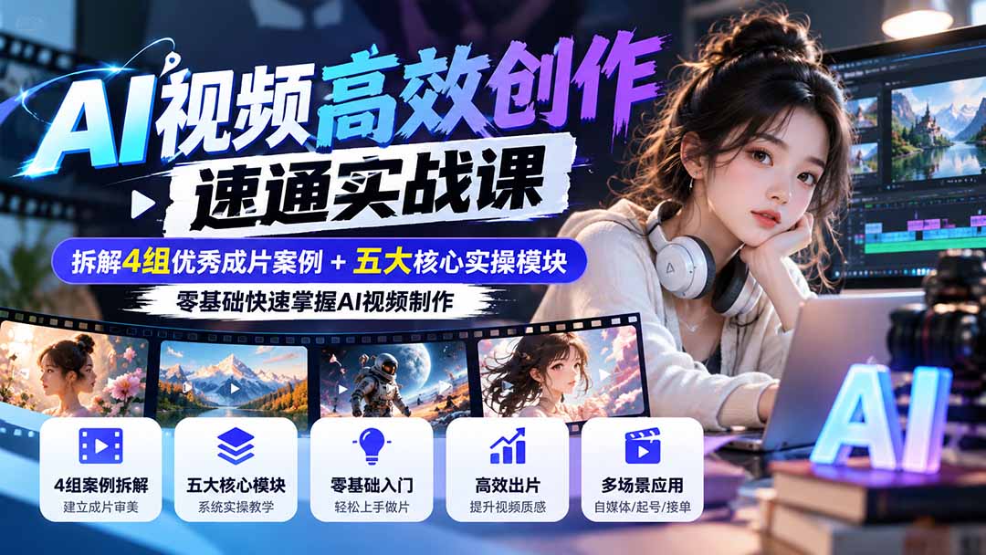【无水印】AI视频高效创作速通实战课:拆解4组优秀成片案例+五大核心实操模块,零基础快速掌握AI视频制作-来聚吧