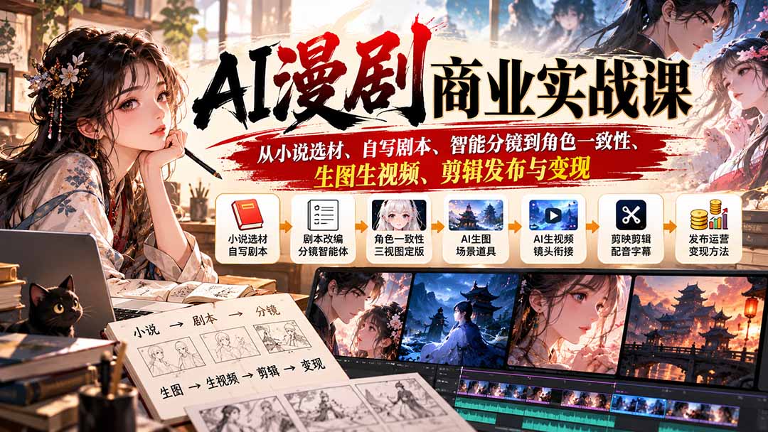 AI漫剧商业实战课:从小说选材、自写剧本、智能分镜到角色一致性、生图生视频、剪辑发布与变现-来聚吧