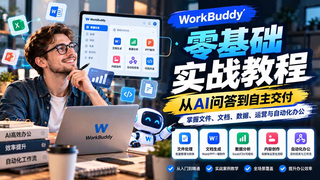 WorkBuddy零基础实战教程:从AI问答到自主交付,掌握文件、文档、数据、运营与自动化办公-来聚吧
