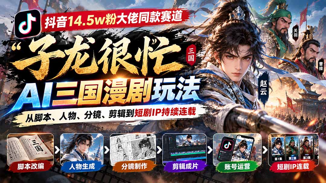 抖音14.5w粉大佬同款赛道「子龙很忙」AI三国漫剧玩法：从脚本、人物、分镜、剪辑到短剧IP持续连载-来聚吧
