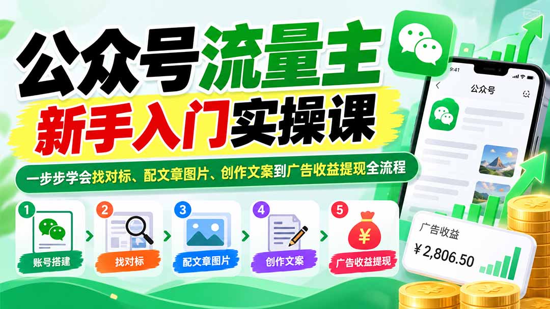 公众号流量主新手入门实操课:一步步学会找对标、配文章图片、创作文案到广告收益提现全流程-来聚吧