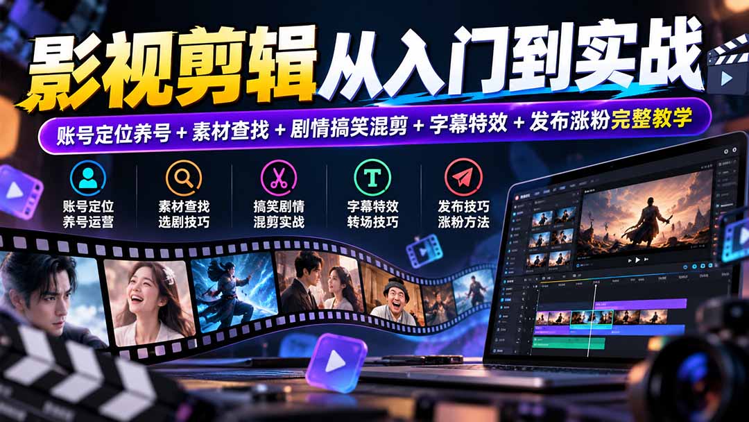 影视剪辑从入门到实战：账号定位养号+素材查找+剧情搞笑混剪+字幕特效+发布涨粉完整教学-来聚吧