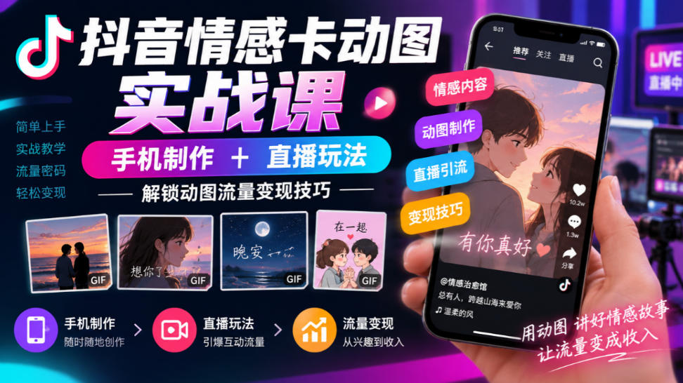 抖音情感卡动图实战课｜手机制作+直播玩法，解锁动图流量变现技巧-来聚吧