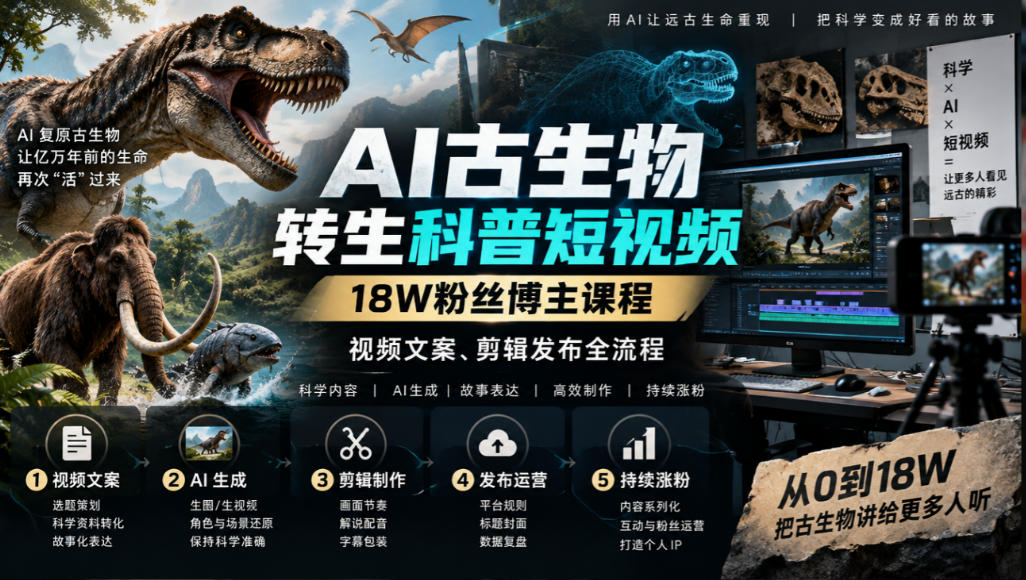 AI古生物转生科普短视频,18W粉丝博主课程,视频文案、剪辑发布全流程-来聚吧