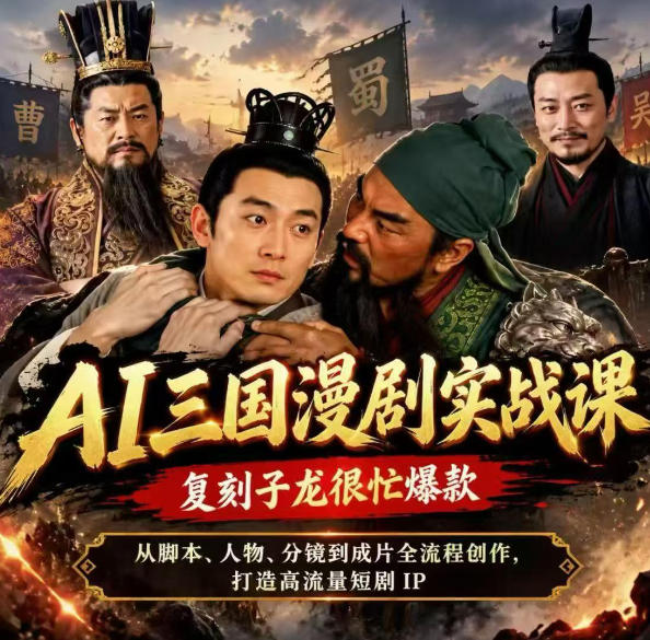 抖音14W粉博主同款AI三国漫剧实战课，复刻子龙很忙爆款，从脚本、人物、分镜到成片全流程创作，打造高流量短剧IP-来聚吧