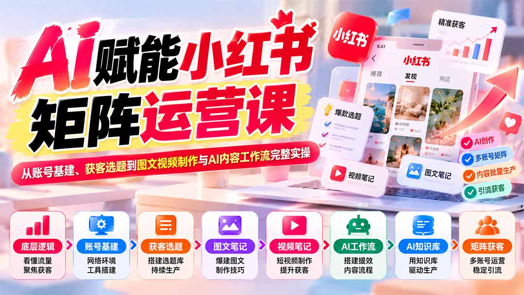 AI赋能小红书矩阵运营课:从账号基建、获客选题到图文视频制作与AI内容工作流完整实操-来聚吧