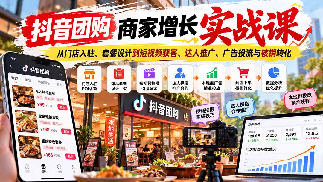 抖音团购商家增长实战课:从门店入驻、套餐设计到短视频获客、达人推广、广告投流与核销转化-来聚吧
