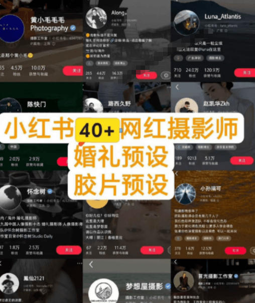 独家高质量调色素材合集!精选小红书40+多位网红婚礼/人像/风光摄影师的预设,按姓名整理,建议收藏!