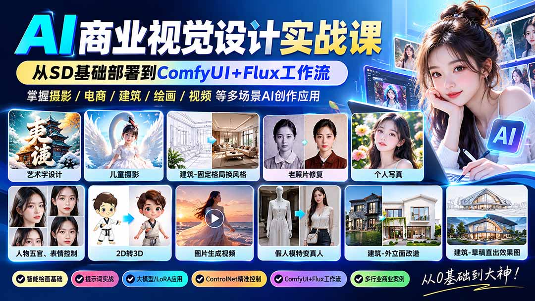 【无水印】AI商业视觉设计实战课:从SD基础部署到ComfyUI+Flux工作流,掌握摄影电商建筑AI创作-来聚吧