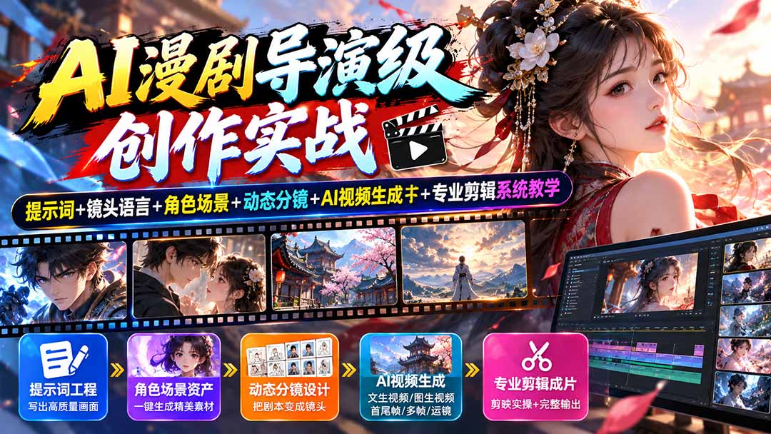 AI漫剧导演级创作实战：提示词+镜头语言+角色场景+动态分镜+AI视频生成+专业剪辑系统教学-来聚吧