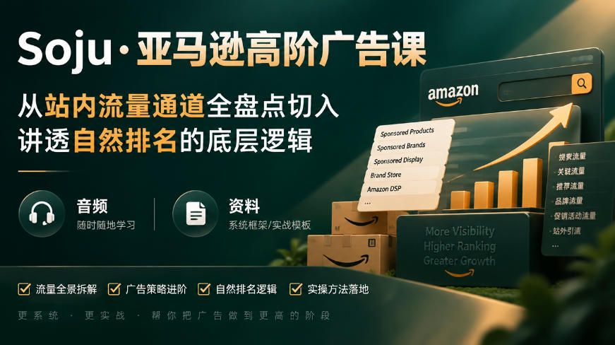 亚马逊高阶广告课,从站内流量通道全盘点切入,讲透自然排名的底层逻辑(直播+音频+资料)-来聚吧