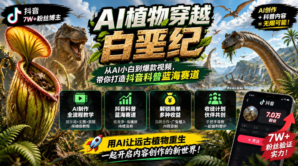 抖音7W粉丝博主的AI植物穿越白垩纪教学，抖音科普蓝海赛道，解锁商单收徒伙伴计划等多种收益-来聚吧