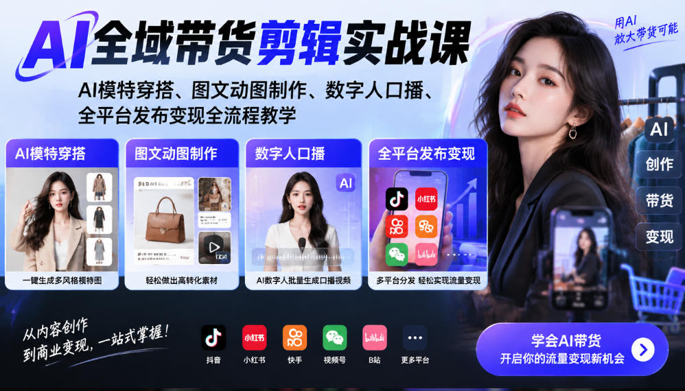 AI全域带货剪辑实战课|AI模特穿搭、图文动图制作、数字人口播、全平台发布变现全流程教学-来聚吧