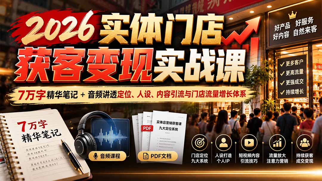 2026实体门店获客变现实战课:7万字精华笔记+音频讲透定位、人设、内容引流与门店流量增长体系-来聚吧