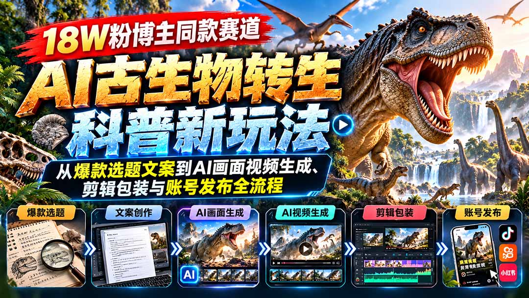 18W粉博主同款赛道-AI古生物转生科普新玩法：从爆款选题文案到AI画面视频生成、剪辑包装与账号发布全流程-来聚吧
