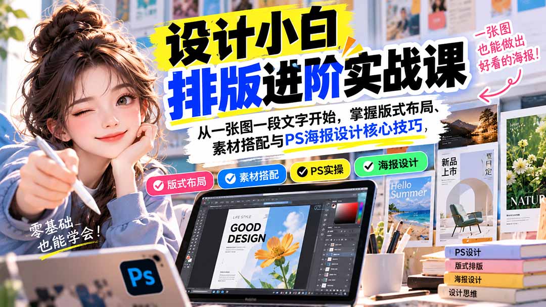 设计小白排版进阶实战课：从一张图一段文字开始，掌握版式布局、素材搭配与PS海报设计核心技巧-来聚吧