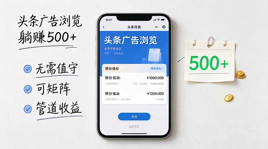 头条广告浏览躺赚500+无需值守,可矩阵并附有管道收益-来聚吧