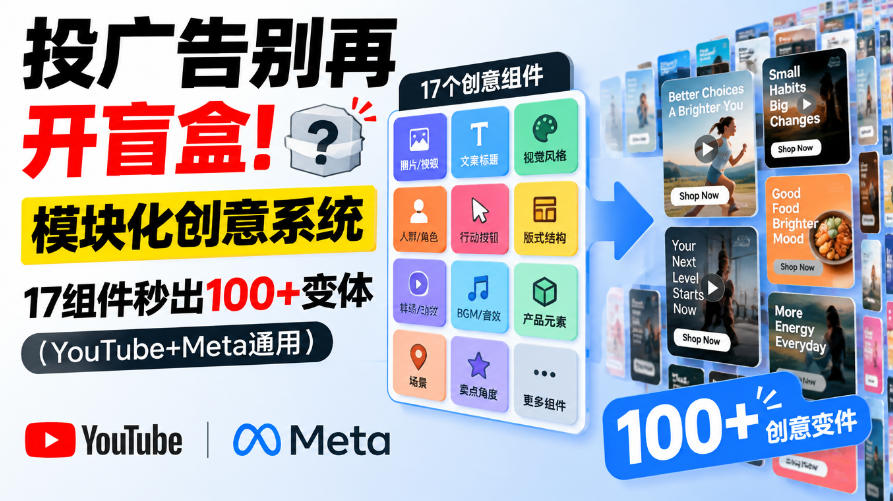 投广告别再开盲盒!模块化创意系统,17组件秒出100+变体(YouTube+Meta通用)【原创双语字幕】-来聚吧