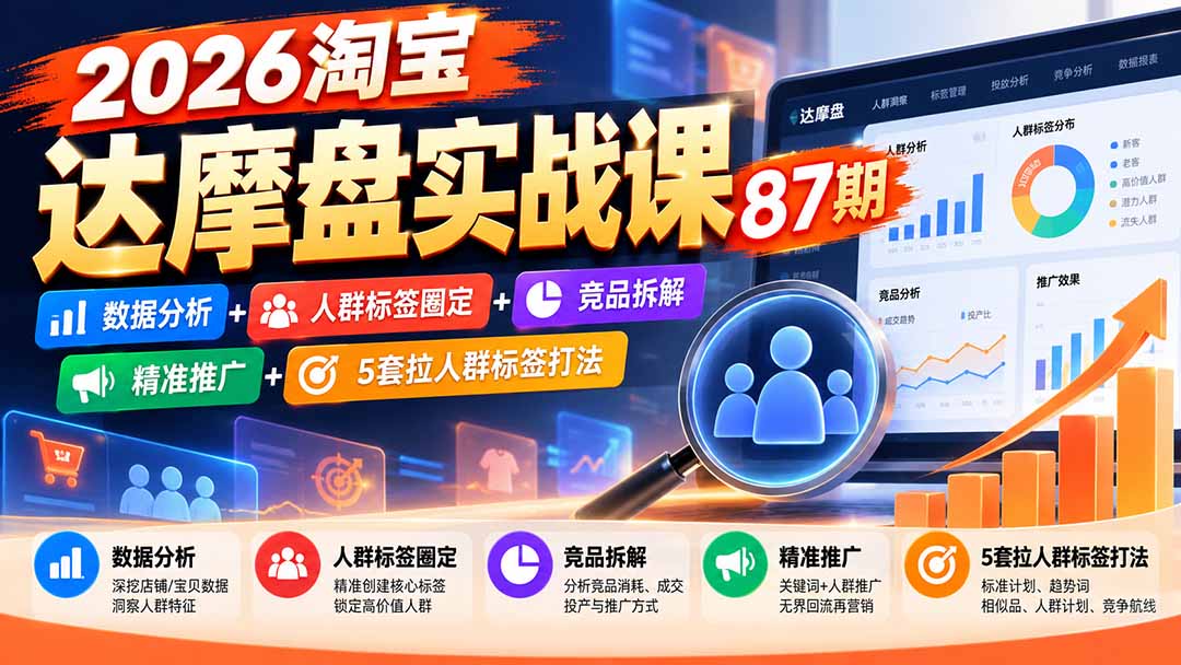 2026淘宝达摩盘实战课87期:数据分析+人群标签圈定+竞品拆解+精准推广+5套拉人群标签打法-来聚吧