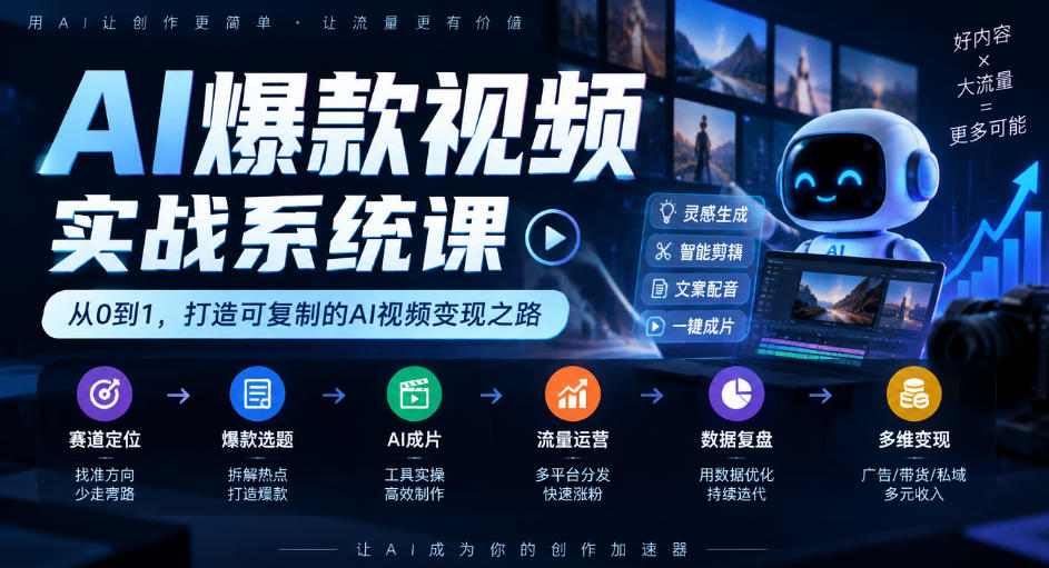 AI爆款视频实战系统课|赛道定位、爆款选题、AI成片、流量运营、数据复盘、多维变现全链路教学-来聚吧