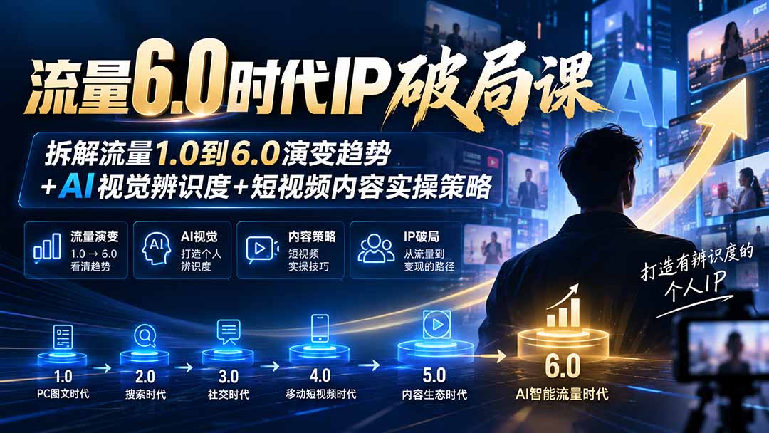 流量6.0时代IP破局课：拆解流量1.0到6.0演变趋势+AI视觉辨识度+短视频内容实操策略-来聚吧