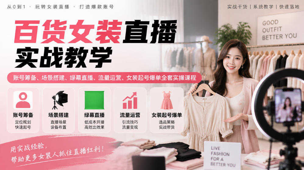 百货女装直播实战教学|账号筹备、场景搭建、绿幕直播、流量运营、女装起号爆单全套实操课程-来聚吧