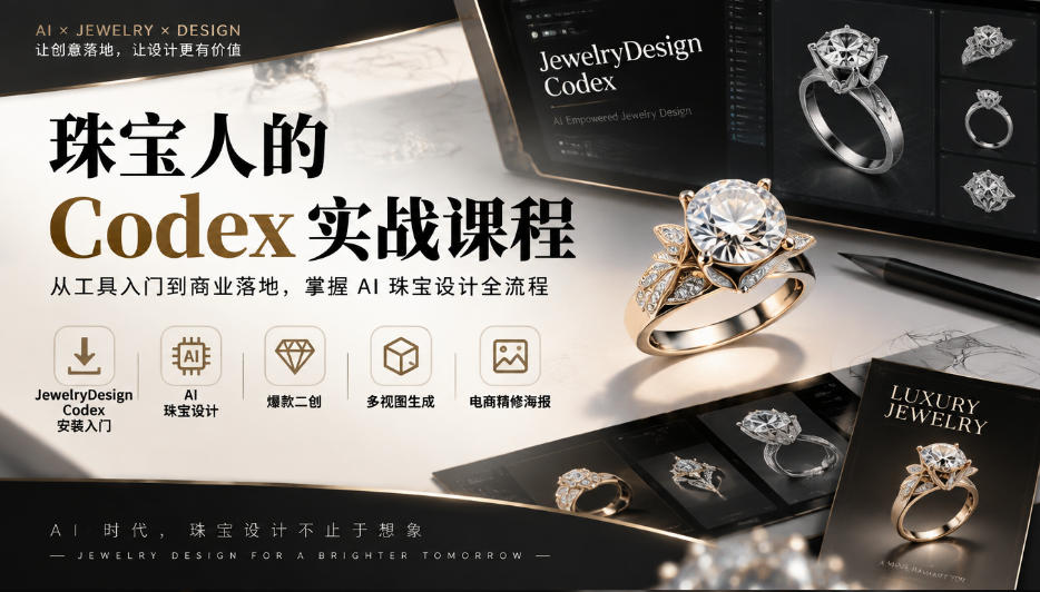 珠宝人的Codex实战课程｜JewelryDesign Codex安装入门、AI珠宝设计、爆款二创、多视图生成、电商精修海报全链路教学-来聚吧