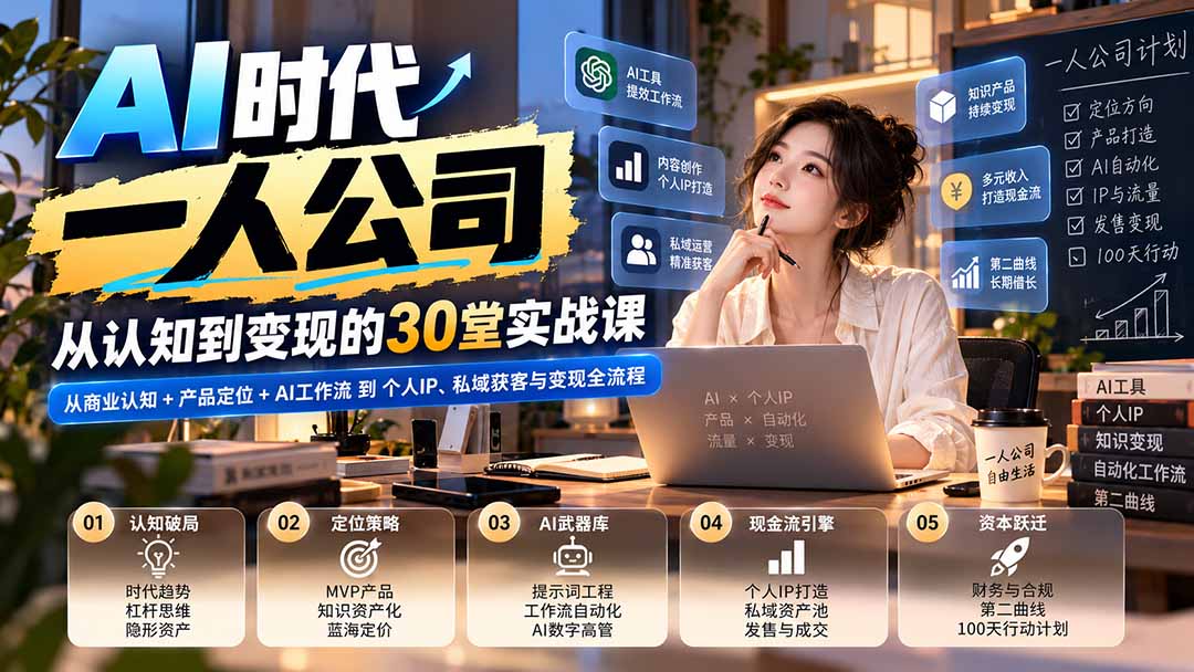【无水印】AI时代一人公司30堂实战课:从商业认知+产品定位+AI工作流到个人IP、私域获客与变现全流程-来聚吧