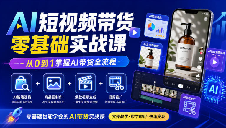 AI短视频带货零基础实战课|AI智能选品+商品图制作+爆款视频生成+混剪推广,从0到1掌握AI带货全流程-来聚吧