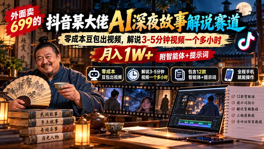 外面卖699抖音某大佬AI深夜故事解说赛道-更新:0成本豆包出视频+解说3-5分钟视频一个多小时,月入1W+附智能体+提示词-来聚吧