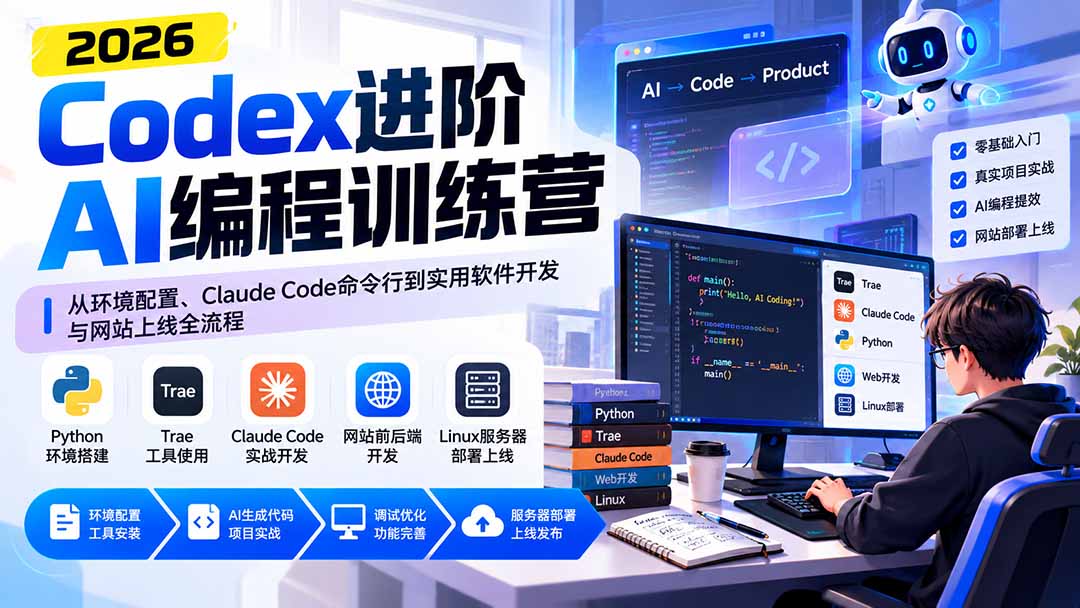 Codex进阶AI编程训练营:从环境配置、Claude Code命令行到实用软件开发与网站上线全流程-来聚吧