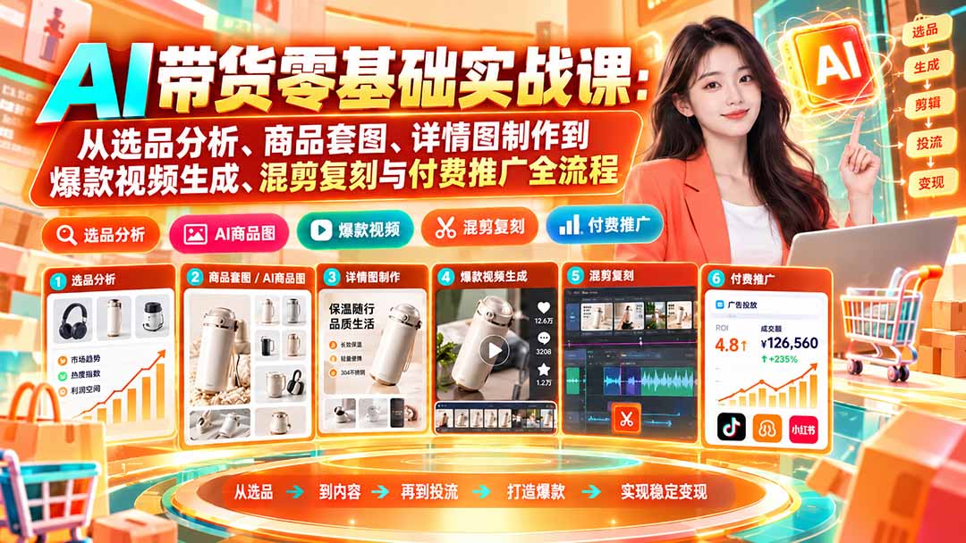 AI带货零基础实战课:从选品分析、商品套图、详情图制作到爆款视频生成、混剪复刻与付费推广全流程-来聚吧