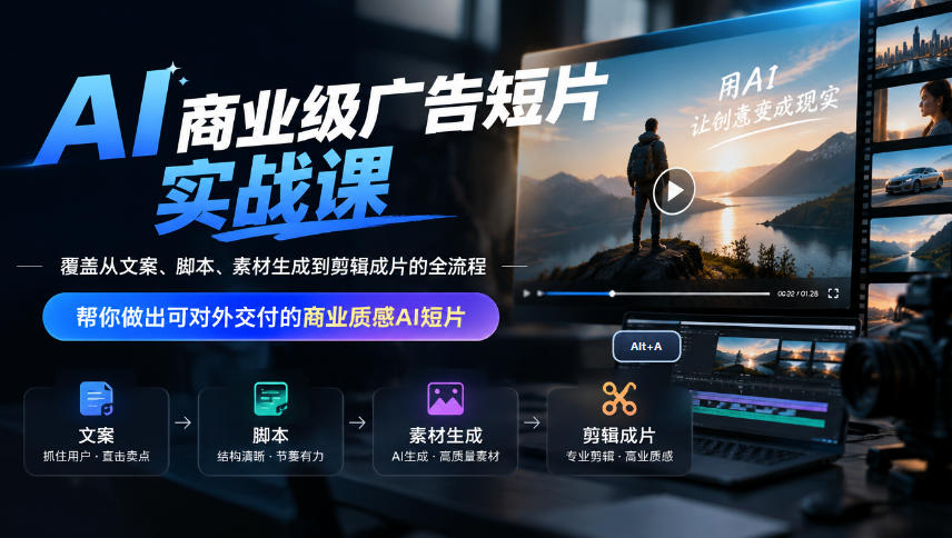 AI商业级广告短片实战课,覆盖从文案、脚本、素材生成到剪辑成片的全流程,帮你做出可对外交付的商业质感AI短片-来聚吧