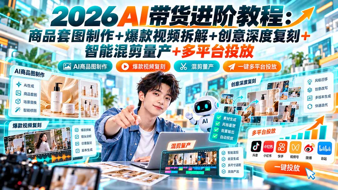 2026AI带货进阶教程:商品套图制作+爆款视频拆解+创意深度复刻+智能混剪量产+多平台投放-来聚吧