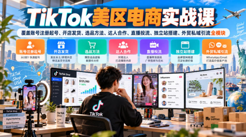 TikTok美区电商实战课,覆盖账号注册起号、开店发货、选品方法、达人合作、直播投流、独立站搭建、外贸私域引流全模块-来聚吧