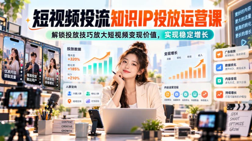 短视频投流知识IP投放运营课,解锁投放技巧放大短视频变现价值,实现稳定增长-来聚吧
