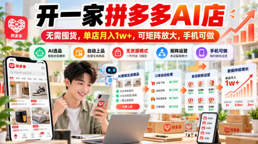 开一家拼多多AI店，无需囤货，单店月入1w+，可矩阵放大，手机可做【揭秘】-来聚吧