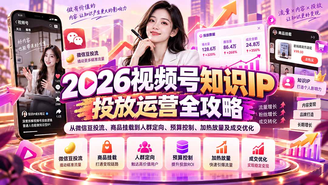 2026视频号知识IP投放运营全攻略:从微信豆投流、商品挂载到人群定向、预算控制、加热放量及成交优化-来聚吧