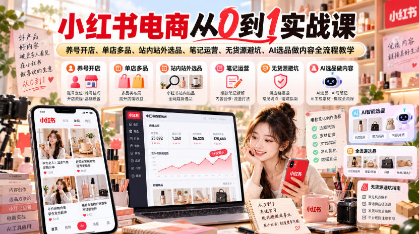 小红书电商从0到1实战课|养号开店、单店多品、站内站外选品、笔记运营、无货源避坑、AI选品做内容全流程教学-来聚吧